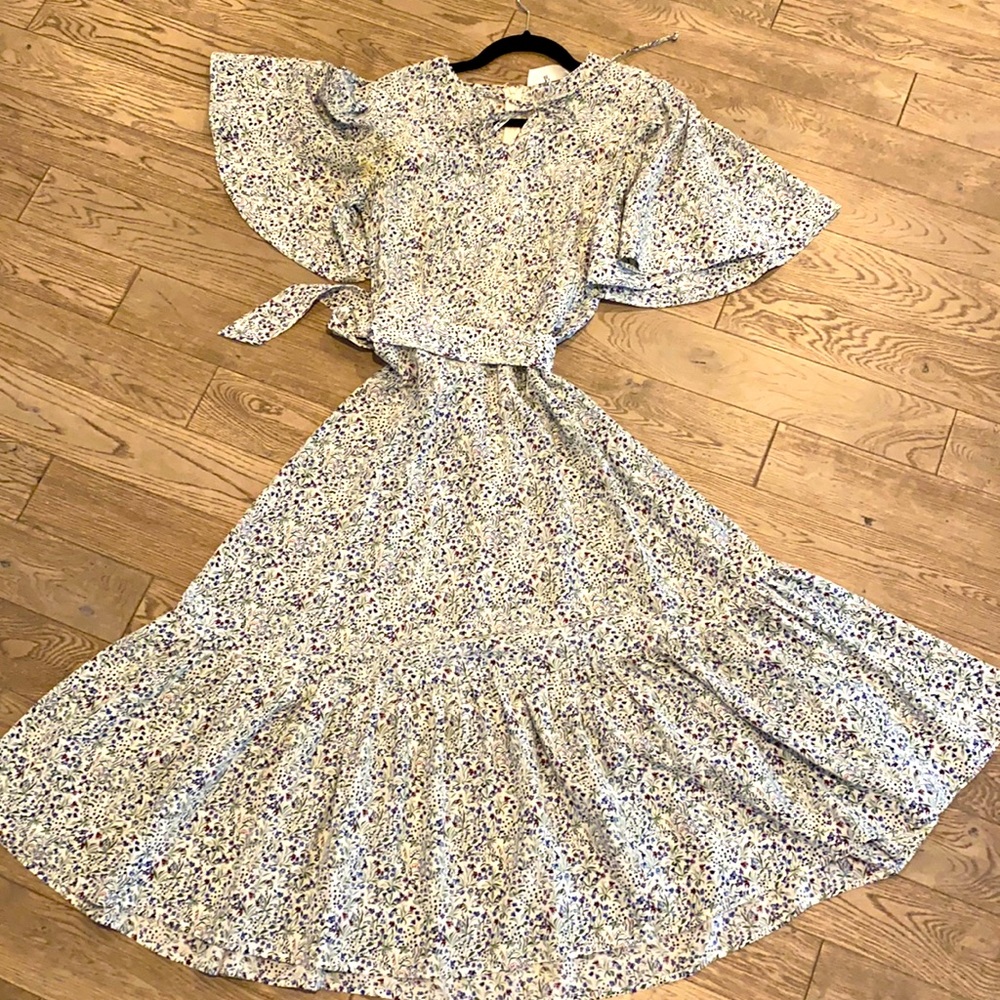 Co. Flutter Sleeve Floral Silk Midi Dress